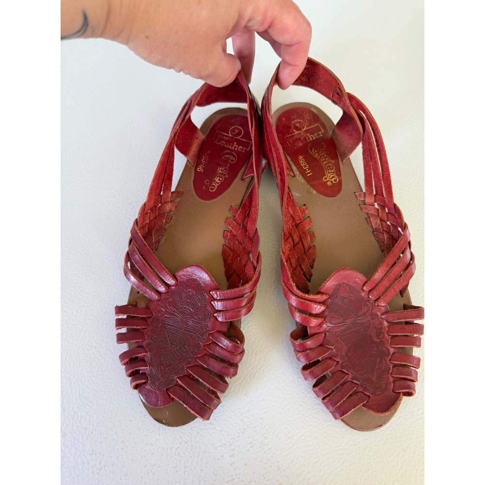 Vintage Red Leather Huarache Sandals Woven Slingback Flat Shoes Womens 7